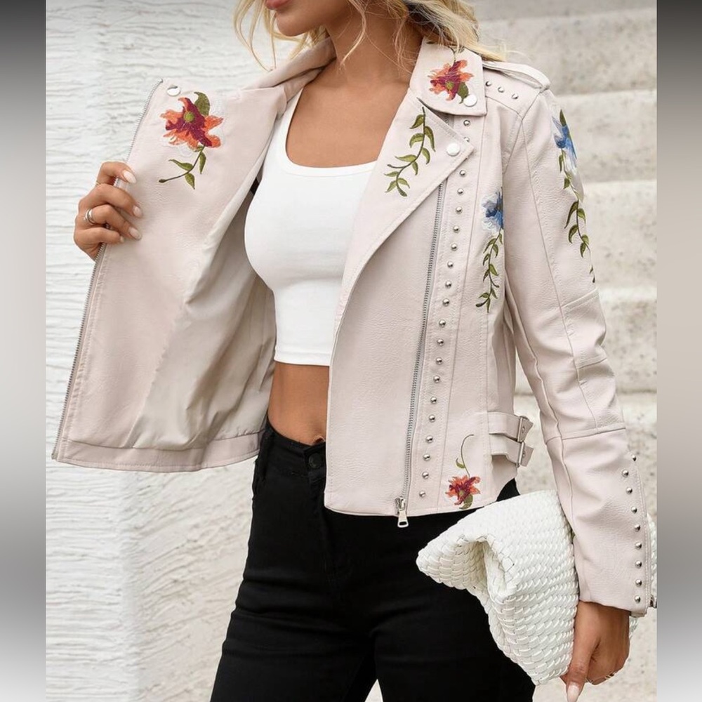 Floral Studded Moto Jacket Beige Faux Leather Embroidered Biker Style Jacket - Picture 3 of 9